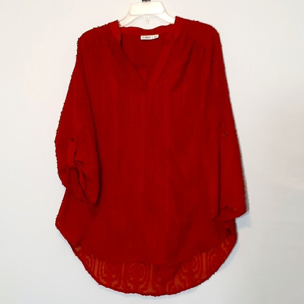 CATO Chiffon Flocked Relaxed Fit Tunic; Roll Tab 3/4 Sleeves; Size Large